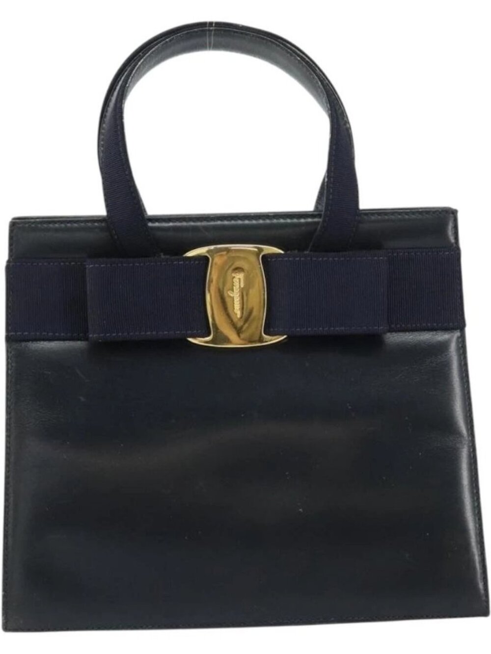 Salvatore Ferragamo Vala Hand Bag Leather Navy Gold Auth BA8854 - Picture 2 of 15